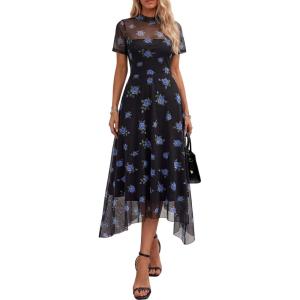 imagePRETTYGARDEN Cocktail Dresses for Women 2026 Summer Short Sleeve Floral Mesh Sheer Midi Party Wedding Guest DressFloral Black Blue