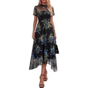 imagePRETTYGARDEN Cocktail Dresses for Women 2026 Summer Short Sleeve Floral Mesh Sheer Midi Party Wedding Guest DressFloral Black Blue Yellow