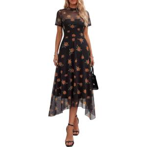 imagePRETTYGARDEN Cocktail Dresses for Women 2026 Summer Short Sleeve Floral Mesh Sheer Midi Party Wedding Guest DressFloral Black Orange