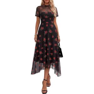imagePRETTYGARDEN Cocktail Dresses for Women 2026 Summer Short Sleeve Floral Mesh Sheer Midi Party Wedding Guest DressFloral Black Red