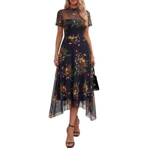 imagePRETTYGARDEN Cocktail Dresses for Women 2026 Summer Short Sleeve Floral Mesh Sheer Midi Party Wedding Guest DressFloral Black Yellow