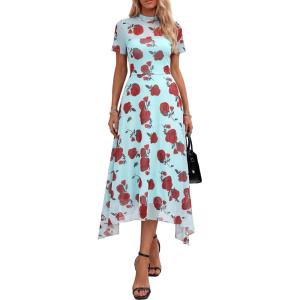 imagePRETTYGARDEN Cocktail Dresses for Women 2026 Summer Short Sleeve Floral Mesh Sheer Midi Party Wedding Guest DressFloral Blue Red