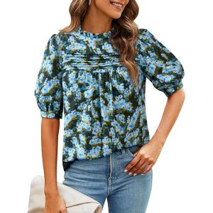 imagePRETTYGARDEN Floral Tops for Women Blouses Dressy Casual 2026 Summer Trendy Outfits Boho Pleated Short Sleeve ShirtsFloral Blue Yellow
