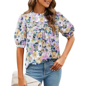 imagePRETTYGARDEN Floral Tops for Women Blouses Dressy Casual 2026 Summer Trendy Outfits Boho Pleated Short Sleeve ShirtsFloral Purple Pink