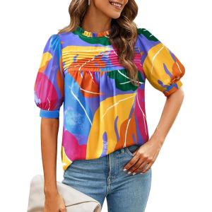 imagePRETTYGARDEN Floral Tops for Women Blouses Dressy Casual 2026 Summer Trendy Outfits Boho Pleated Short Sleeve ShirtsMulticolored Flower