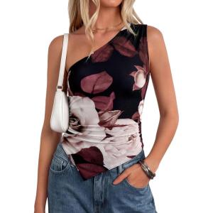 imagePRETTYGARDEN Going Out Tops for Women Floral Mesh Y2K Shirt 2026 Summer One Shoulder Asymmetrical Spring Vacation ClothesBlack Apricot Floral