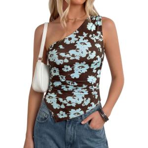 imagePRETTYGARDEN Going Out Tops for Women Floral Mesh Y2K Shirt 2026 Summer One Shoulder Asymmetrical Spring Vacation ClothesBrown Blue Floral