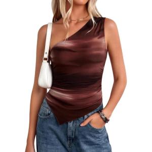 imagePRETTYGARDEN Going Out Tops for Women Floral Mesh Y2K Shirt 2026 Summer One Shoulder Asymmetrical Spring Vacation ClothesBrown Print
