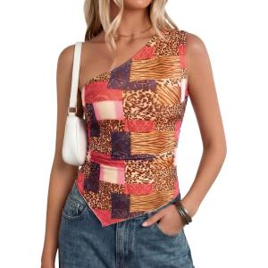 imagePRETTYGARDEN Going Out Tops for Women Floral Mesh Y2K Shirt 2026 Summer One Shoulder Asymmetrical Spring Vacation ClothesKhaki Leopard