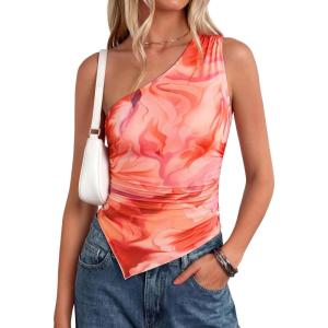 imagePRETTYGARDEN Going Out Tops for Women Floral Mesh Y2K Shirt 2026 Summer One Shoulder Asymmetrical Spring Vacation ClothesOrange Watercolor