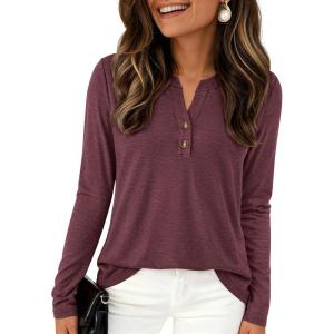 imagePRETTYGARDEN Long Sleeve Shirts for Women 2026 Spring Fashion Clothing Henley Tops Trendy Dressy Casual Blouses Work OutfitsBurgundy