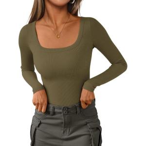 imagePRETTYGARDEN Long Sleeve Shirts for Women Spring 2026 Ribbed Basic Tees Scoop Neck Trendy Going Out Tops Fashion ClothingArmy Green
