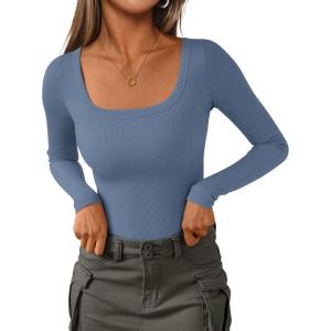 imagePRETTYGARDEN Long Sleeve Shirts for Women Spring 2026 Ribbed Basic Tees Scoop Neck Trendy Going Out Tops Fashion ClothingBlue Grey