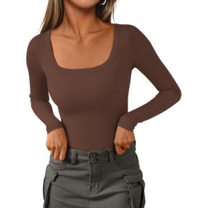 imagePRETTYGARDEN Long Sleeve Shirts for Women Spring 2026 Ribbed Basic Tees Scoop Neck Trendy Going Out Tops Fashion ClothingBrown