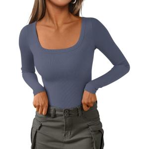 imagePRETTYGARDEN Long Sleeve Shirts for Women Spring 2026 Ribbed Basic Tees Scoop Neck Trendy Going Out Tops Fashion ClothingDark Dusty Blue