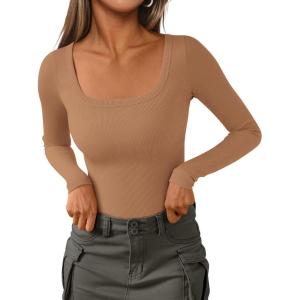 imagePRETTYGARDEN Long Sleeve Shirts for Women Spring 2026 Ribbed Basic Tees Scoop Neck Trendy Going Out Tops Fashion ClothingLight Camel