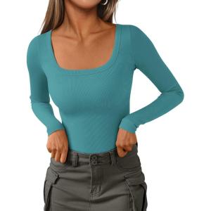 imagePRETTYGARDEN Long Sleeve Shirts for Women Spring 2026 Ribbed Basic Tees Scoop Neck Trendy Going Out Tops Fashion ClothingMalachite Green