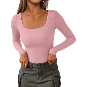 imagePRETTYGARDEN Long Sleeve Shirts for Women Spring 2026 Ribbed Basic Tees Scoop Neck Trendy Going Out Tops Fashion ClothingPink
