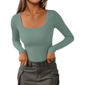 imagePRETTYGARDEN Long Sleeve Shirts for Women Spring 2026 Ribbed Basic Tees Scoop Neck Trendy Going Out Tops Fashion ClothingSage Green