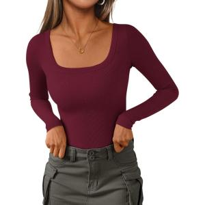 imagePRETTYGARDEN Long Sleeve Shirts for Women Spring 2026 Ribbed Basic Tees Scoop Neck Trendy Going Out Tops Fashion ClothingWine Red