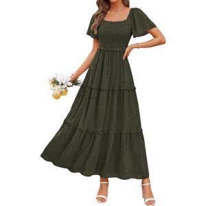 imagePRETTYGARDEN Summer Dresses for Women 2026 Boho Maxi Smocked Spring Wedding Guest Square Neck Short Sleeve Swiss Dot DressArmy Green