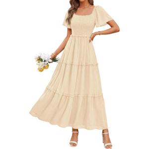 imagePRETTYGARDEN Summer Dresses for Women 2026 Boho Maxi Smocked Spring Wedding Guest Square Neck Short Sleeve Swiss Dot DressBeige
