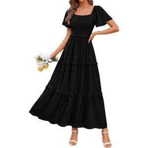 imagePRETTYGARDEN Summer Dresses for Women 2026 Boho Maxi Smocked Spring Wedding Guest Square Neck Short Sleeve Swiss Dot DressBlack