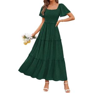 imagePRETTYGARDEN Summer Dresses for Women 2026 Boho Maxi Smocked Spring Wedding Guest Square Neck Short Sleeve Swiss Dot DressDark Green