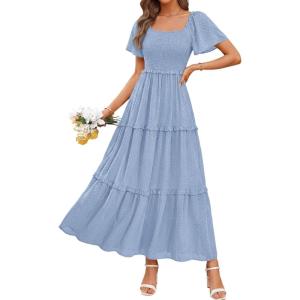 imagePRETTYGARDEN Summer Dresses for Women 2026 Boho Maxi Smocked Spring Wedding Guest Square Neck Short Sleeve Swiss Dot DressLight Blue