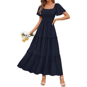 imagePRETTYGARDEN Summer Dresses for Women 2026 Boho Maxi Smocked Spring Wedding Guest Square Neck Short Sleeve Swiss Dot DressNavy Blue