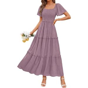 imagePRETTYGARDEN Summer Dresses for Women 2026 Boho Maxi Smocked Spring Wedding Guest Square Neck Short Sleeve Swiss Dot DressPurple