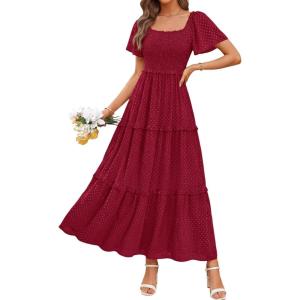 imagePRETTYGARDEN Summer Dresses for Women 2026 Boho Maxi Smocked Spring Wedding Guest Square Neck Short Sleeve Swiss Dot DressRed