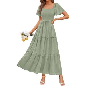 imagePRETTYGARDEN Summer Dresses for Women 2026 Boho Maxi Smocked Spring Wedding Guest Square Neck Short Sleeve Swiss Dot DressSage Green