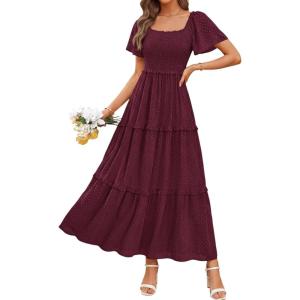 imagePRETTYGARDEN Summer Dresses for Women 2026 Boho Maxi Smocked Spring Wedding Guest Square Neck Short Sleeve Swiss Dot DressWine Red