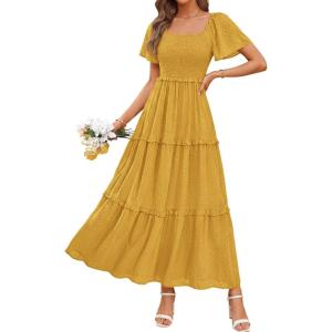 imagePRETTYGARDEN Summer Dresses for Women 2026 Boho Maxi Smocked Spring Wedding Guest Square Neck Short Sleeve Swiss Dot DressYellow