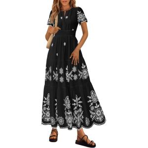 imagePRETTYGARDEN Summer Dresses for Women 2026 Floral Boho Maxi Spring Casual Short Sleeve V Neck Elastic Waist Dress PocketsBlack White Flower