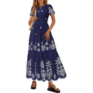 imagePRETTYGARDEN Summer Dresses for Women 2026 Floral Boho Maxi Spring Casual Short Sleeve V Neck Elastic Waist Dress PocketsNavy Blue White Flower