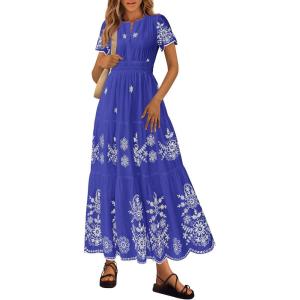 imagePRETTYGARDEN Summer Dresses for Women 2026 Floral Boho Maxi Spring Casual Short Sleeve V Neck Elastic Waist Dress PocketsRoyal Blue White Flower