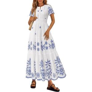 imagePRETTYGARDEN Summer Dresses for Women 2026 Floral Boho Maxi Spring Casual Short Sleeve V Neck Elastic Waist Dress PocketsWhite Blue Flower