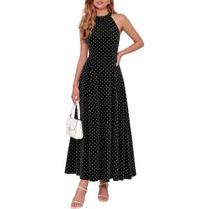 imagePRETTYGARDEN Summer Halter Dresses for Women 2026 Vacation Outfits Sleeveless Polka Dot Sundress Wedding Guest Maxi DressDot Black White