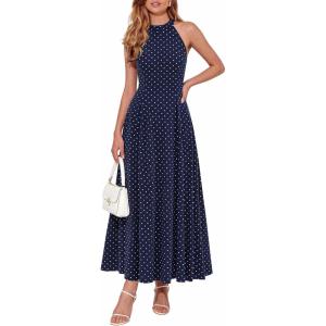 imagePRETTYGARDEN Summer Halter Dresses for Women 2026 Vacation Outfits Sleeveless Polka Dot Sundress Wedding Guest Maxi DressDot Dark Blue White
