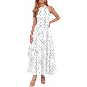 imagePRETTYGARDEN Summer Halter Dresses for Women 2026 Vacation Outfits Sleeveless Polka Dot Sundress Wedding Guest Maxi DressDot White Black