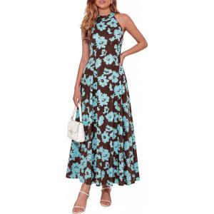 imagePRETTYGARDEN Summer Halter Dresses for Women 2026 Vacation Outfits Sleeveless Polka Dot Sundress Wedding Guest Maxi DressFloral Brown Blue