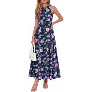 imagePRETTYGARDEN Summer Halter Dresses for Women 2026 Vacation Outfits Sleeveless Polka Dot Sundress Wedding Guest Maxi DressFloral Dark Blue Purple