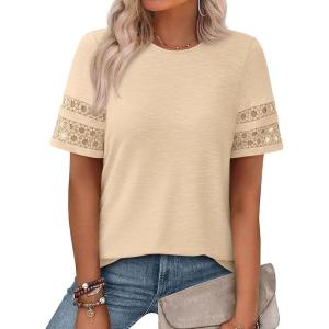 imagePRETTYGARDEN Summer Tops for Women 2026 Lace Short Sleeve TShirts Casual Blouses Spring Fashion Clothes Vacation OutfitsBeige