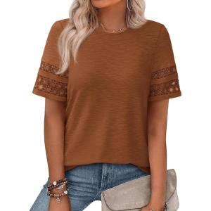imagePRETTYGARDEN Summer Tops for Women 2026 Lace Short Sleeve TShirts Casual Blouses Spring Fashion Clothes Vacation OutfitsCaramel
