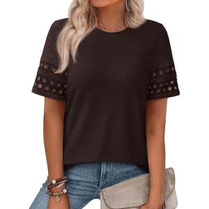 imagePRETTYGARDEN Summer Tops for Women 2026 Lace Short Sleeve TShirts Casual Blouses Spring Fashion Clothes Vacation OutfitsDark Brown