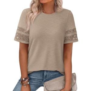 imagePRETTYGARDEN Summer Tops for Women 2026 Lace Short Sleeve TShirts Casual Blouses Spring Fashion Clothes Vacation OutfitsKhaki