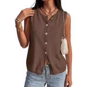 imagePRETTYGARDEN Sweater Vest Women 2026 Summer Sleeveless Cardigans Trendy Knit Vest Top Button Down Spring Sweater TopsBrown