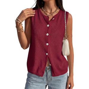 imagePRETTYGARDEN Sweater Vest Women 2026 Summer Sleeveless Cardigans Trendy Knit Vest Top Button Down Spring Sweater TopsBurgundy